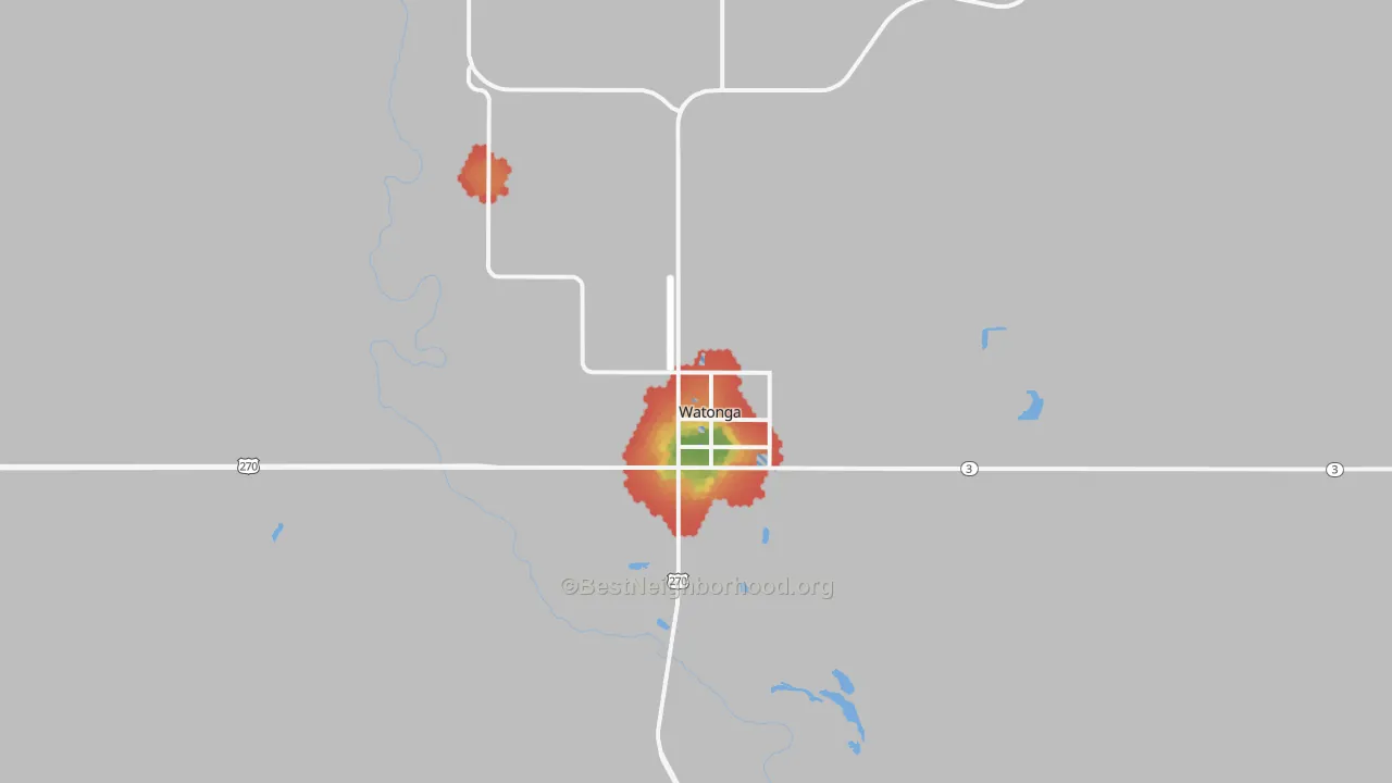Walk Grade map of 73772, OK, walkable areas in green and car-dependent areas in red