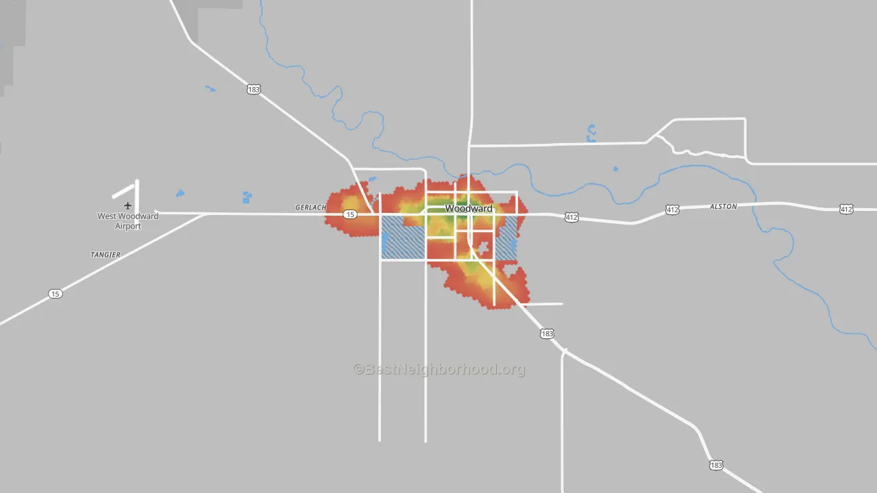 Walk Grade map of 73801, OK, walkable areas in green and car-dependent areas in red