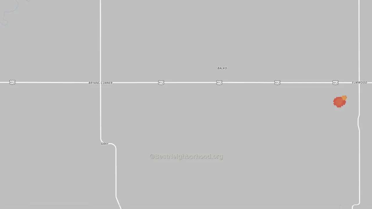 Walk Grade map of 73931, OK, walkable areas in green and car-dependent areas in red
