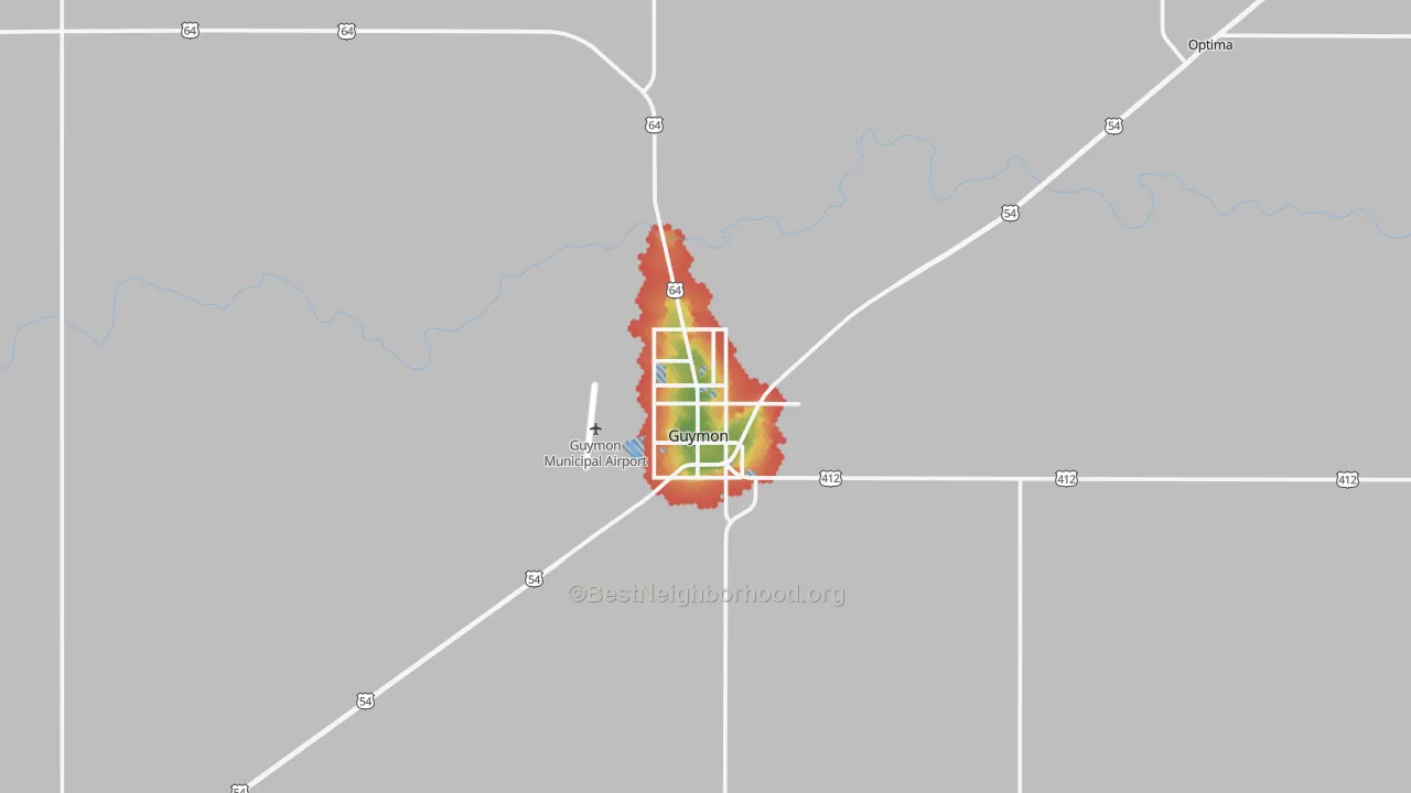 Walk Grade map of 73942, OK, walkable areas in green and car-dependent areas in red