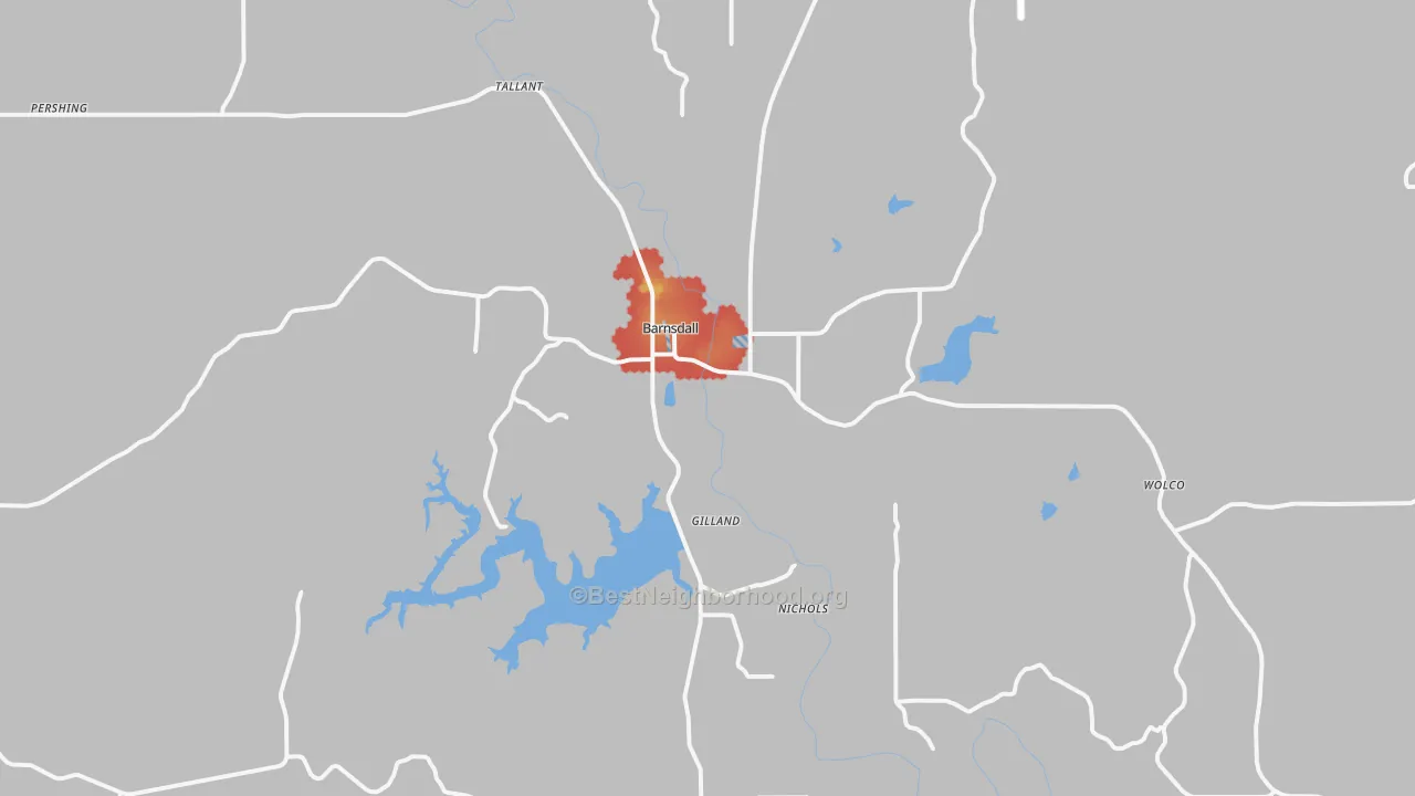 Walk Grade map of 74002, OK, walkable areas in green and car-dependent areas in red
