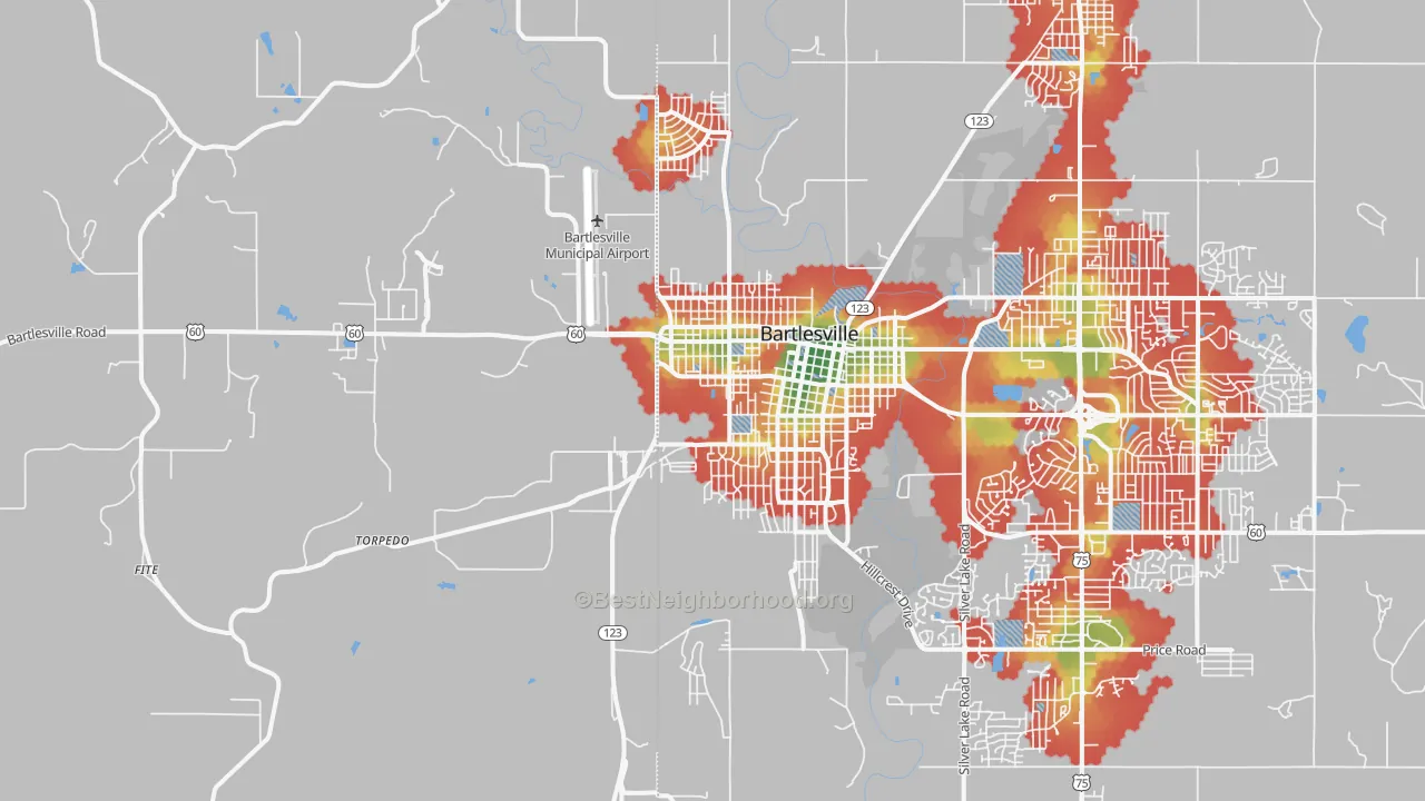 Walk Grade map of 74003, OK, walkable areas in green and car-dependent areas in red