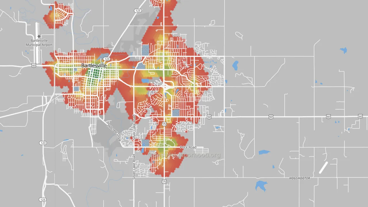 Walk Grade map of 74006, OK, walkable areas in green and car-dependent areas in red