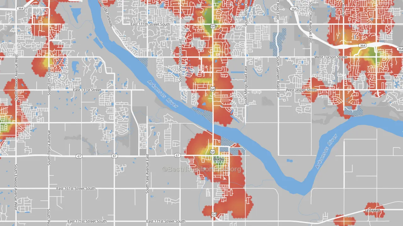 Walk Grade map of 74008, OK, walkable areas in green and car-dependent areas in red
