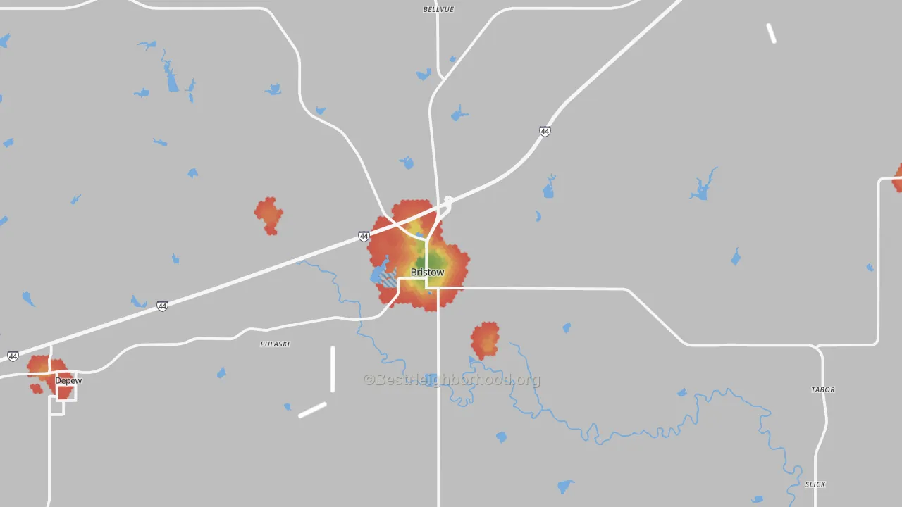 Walk Grade map of 74010, OK, walkable areas in green and car-dependent areas in red