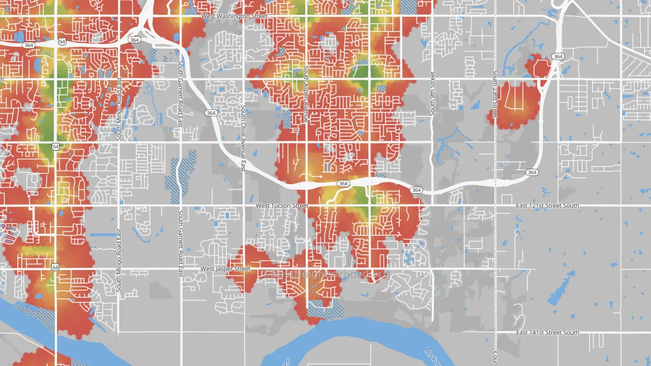 Walk Grade map of 74011, OK, walkable areas in green and car-dependent areas in red