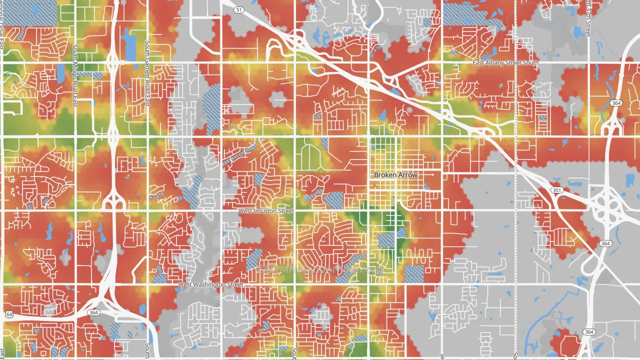 Walk Grade map of 74012, OK, walkable areas in green and car-dependent areas in red