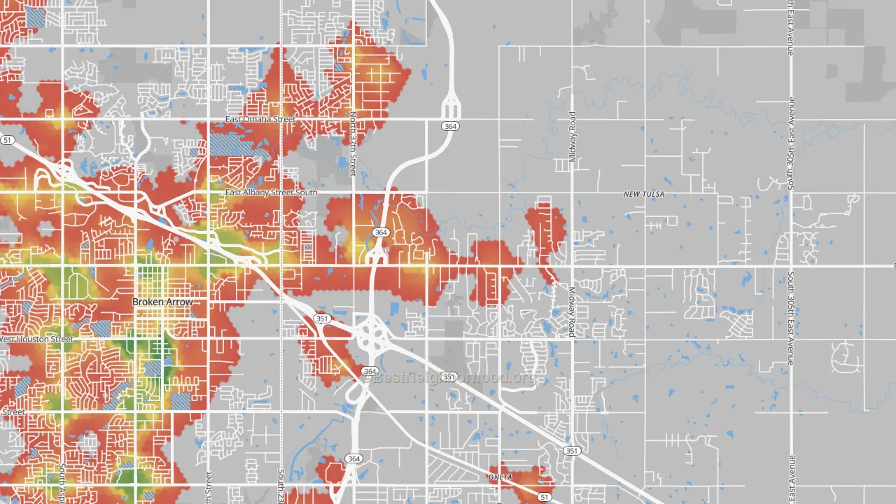 Walk Grade map of 74014, OK, walkable areas in green and car-dependent areas in red