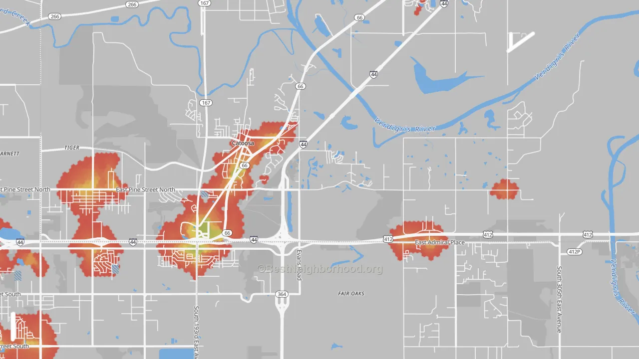 Walk Grade map of 74015, OK, walkable areas in green and car-dependent areas in red