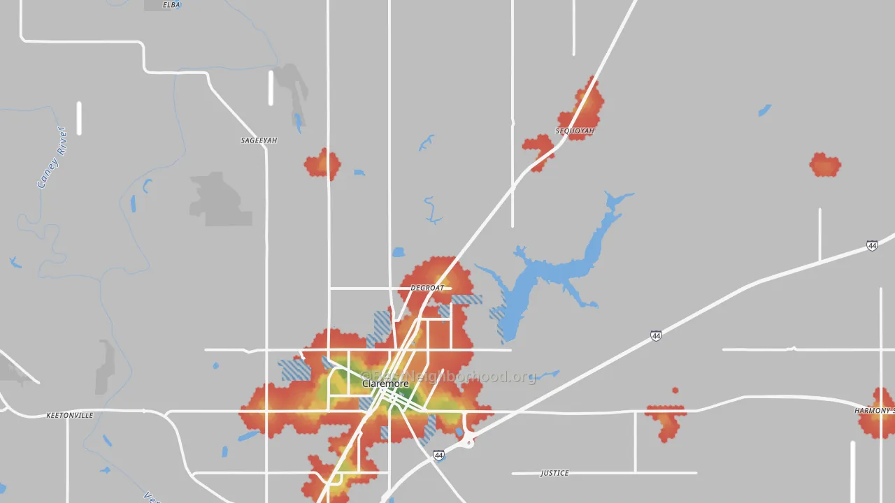 Walk Grade map of 74017, OK, walkable areas in green and car-dependent areas in red
