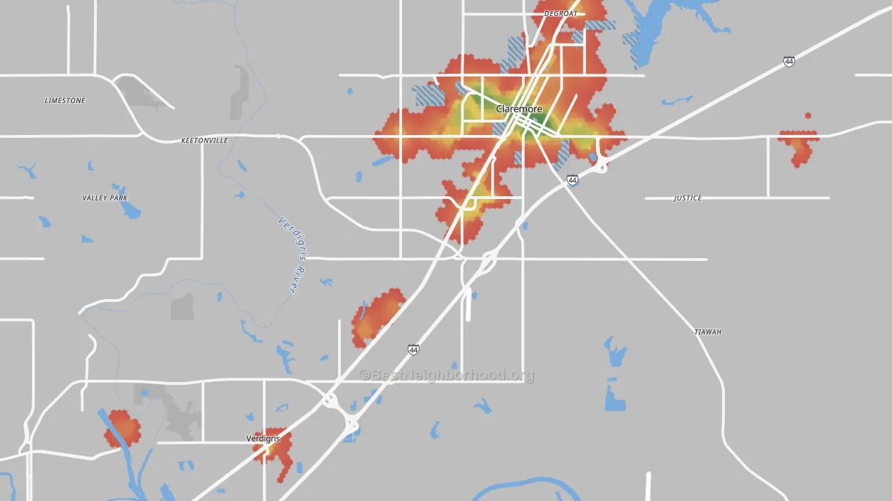 Walk Grade map of 74019, OK, walkable areas in green and car-dependent areas in red