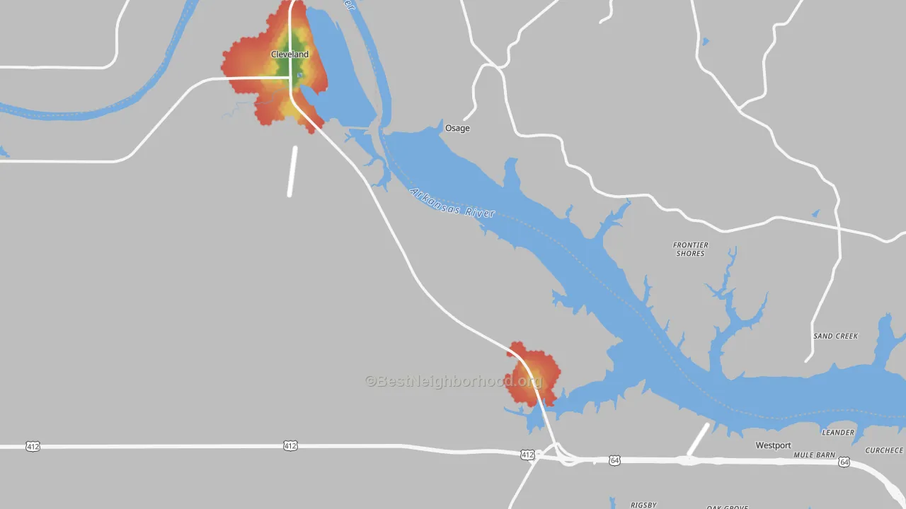 Walk Grade map of 74020, OK, walkable areas in green and car-dependent areas in red