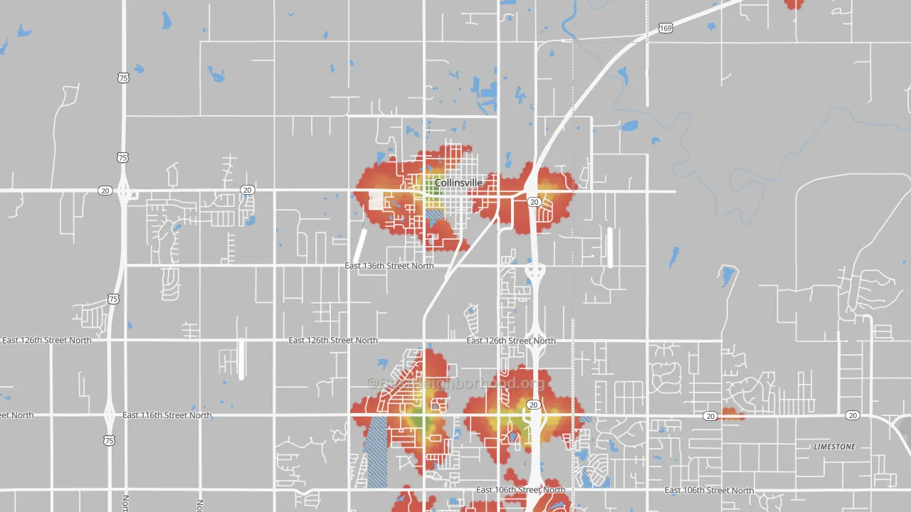 Walk Grade map of 74021, OK, walkable areas in green and car-dependent areas in red