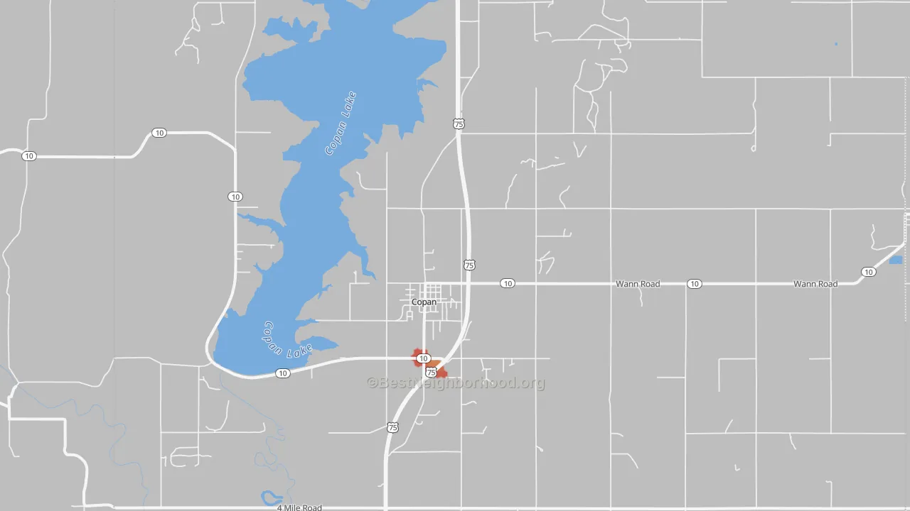 Walk Grade map of 74022, OK, walkable areas in green and car-dependent areas in red