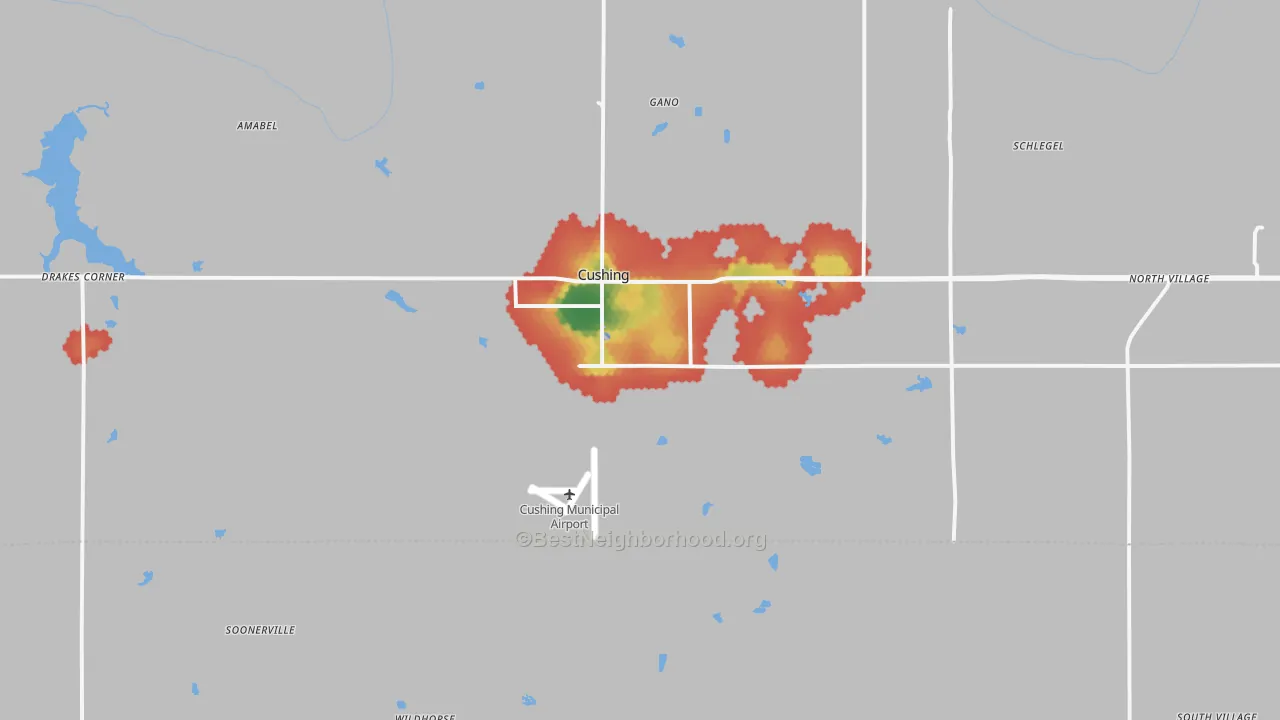 Walk Grade map of 74023, OK, walkable areas in green and car-dependent areas in red