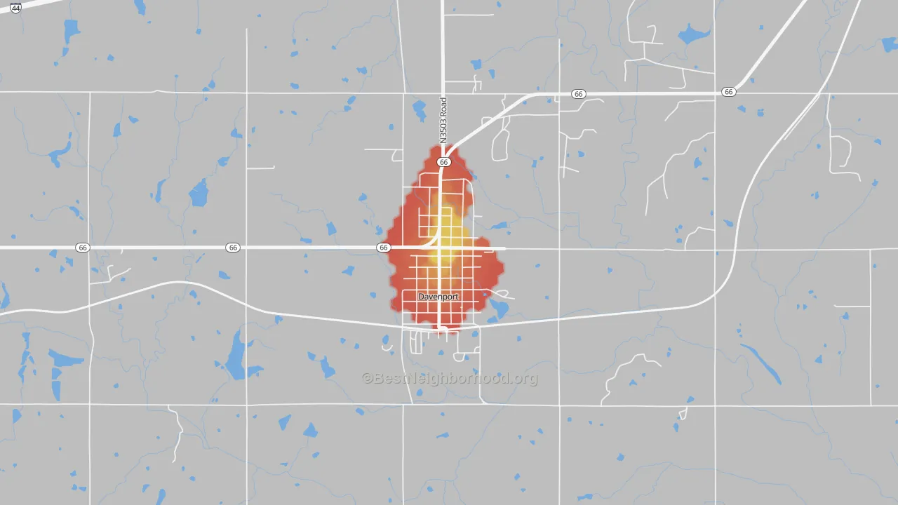 Walk Grade map of 74026, OK, walkable areas in green and car-dependent areas in red