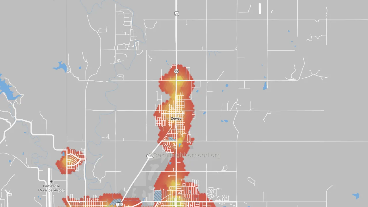 Walk Grade map of 74029, OK, walkable areas in green and car-dependent areas in red