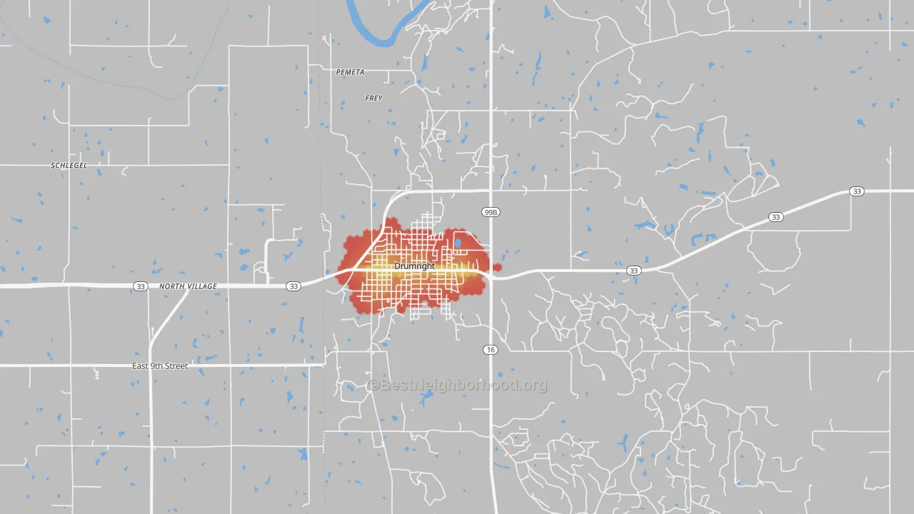 Walk Grade map of 74030, OK, walkable areas in green and car-dependent areas in red