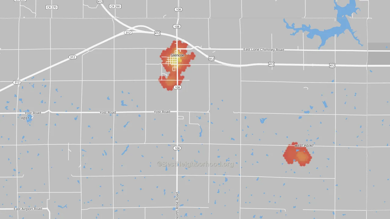 Walk Grade map of 74032, OK, walkable areas in green and car-dependent areas in red