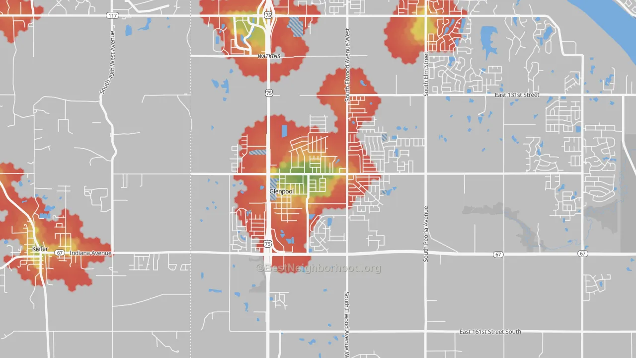 Walk Grade map of 74033, OK, walkable areas in green and car-dependent areas in red