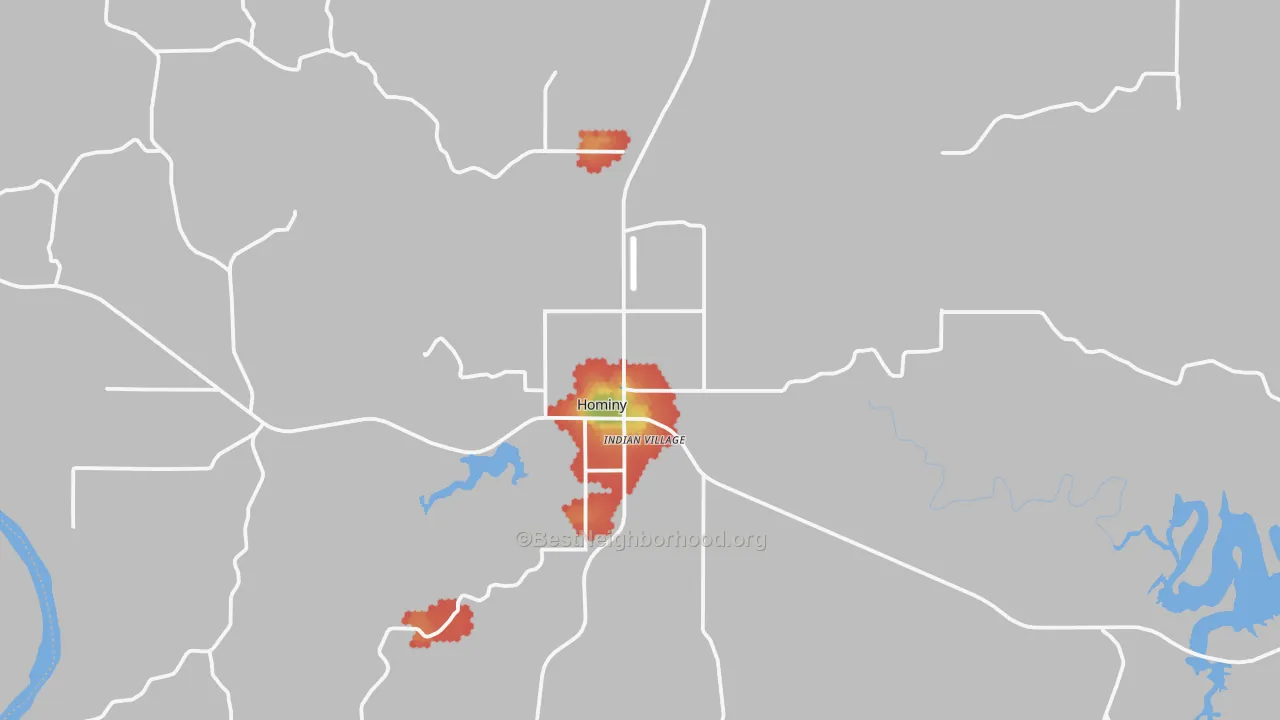 Walk Grade map of 74035, OK, walkable areas in green and car-dependent areas in red