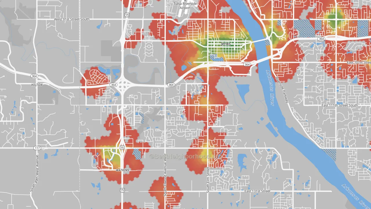 Walk Grade map of 74037, OK, walkable areas in green and car-dependent areas in red