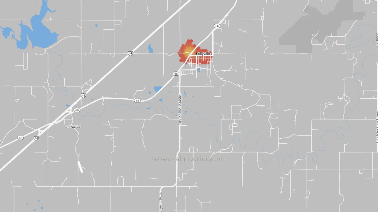 Walk Grade map of 74039, OK, walkable areas in green and car-dependent areas in red