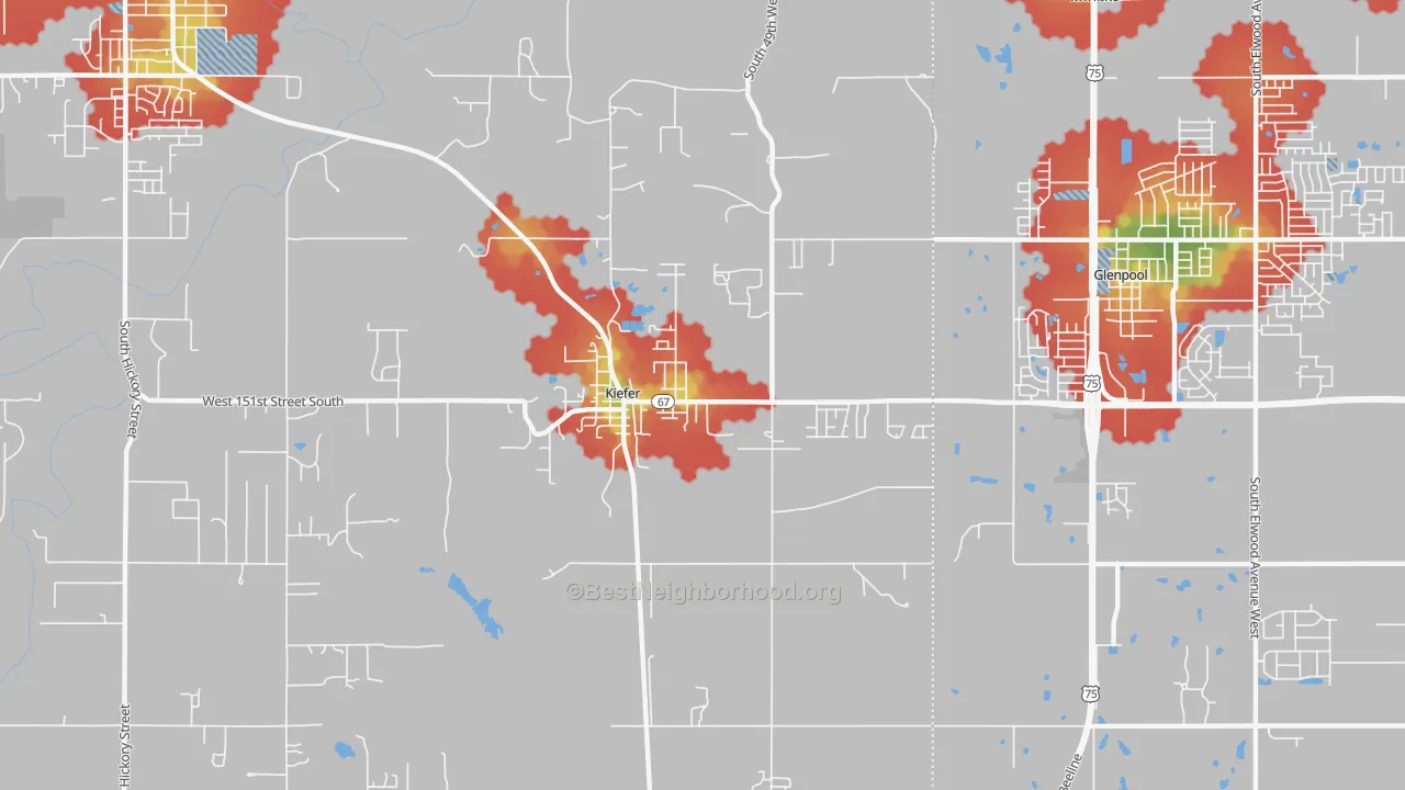 Walk Grade map of 74041, OK, walkable areas in green and car-dependent areas in red