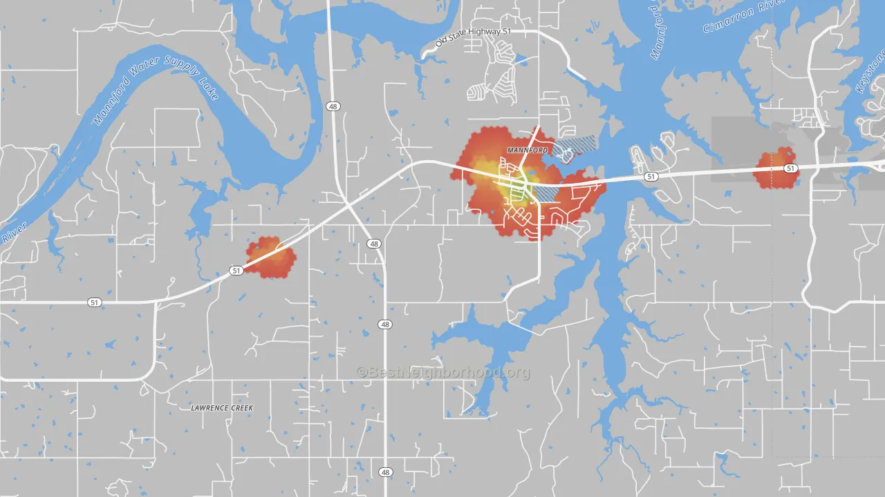 Walk Grade map of 74044, OK, walkable areas in green and car-dependent areas in red