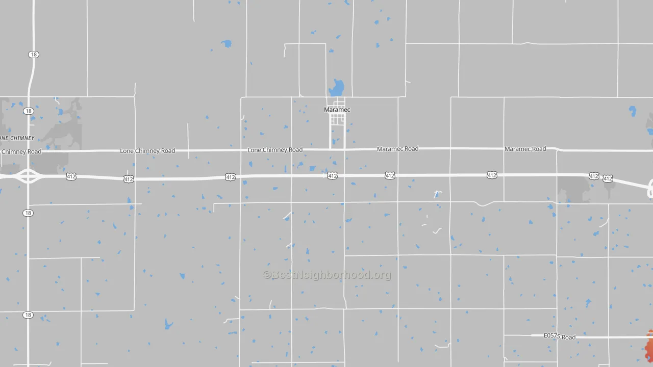 Walk Grade map of 74045, OK, walkable areas in green and car-dependent areas in red
