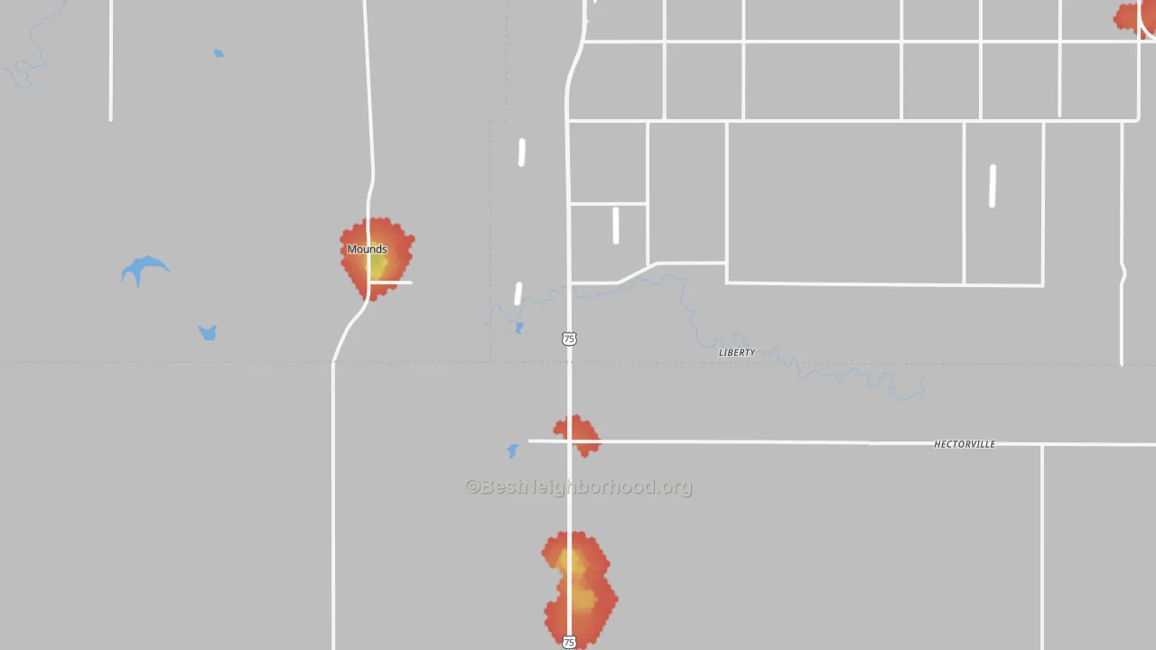 Walk Grade map of 74047, OK, walkable areas in green and car-dependent areas in red