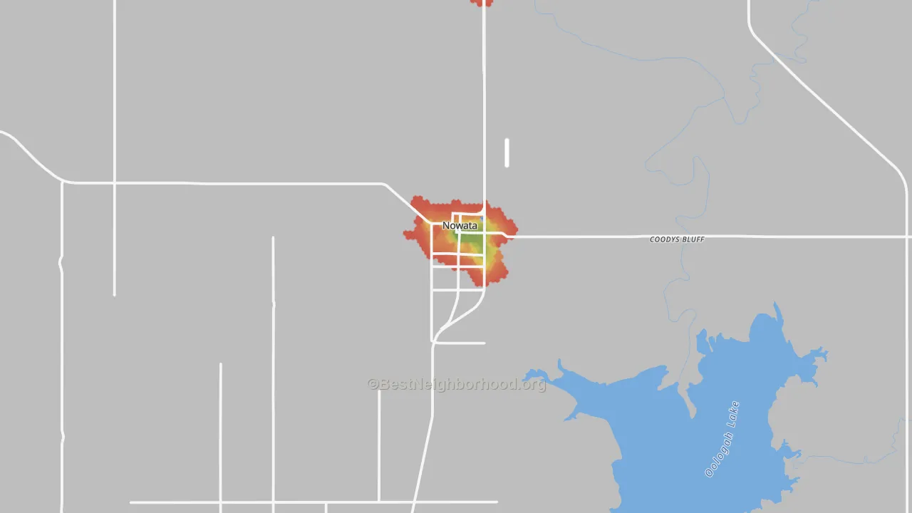 Walk Grade map of 74048, OK, walkable areas in green and car-dependent areas in red