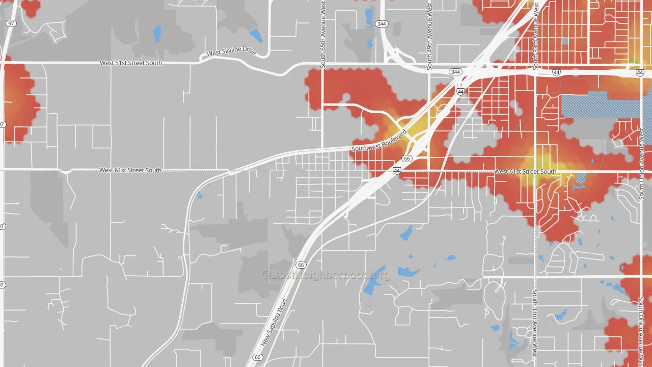 Walk Grade map of 74050, OK, walkable areas in green and car-dependent areas in red