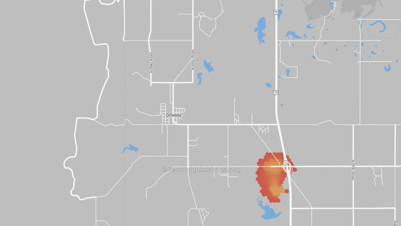 Walk Grade map of 74051, OK, walkable areas in green and car-dependent areas in red