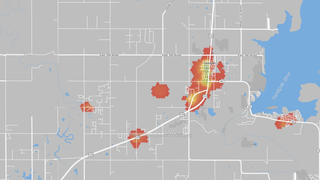 Walk Grade map of 74053, OK, walkable areas in green and car-dependent areas in red