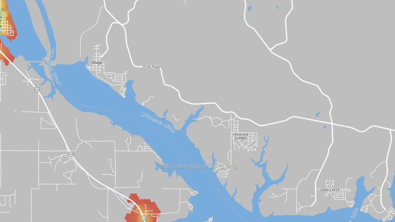 Walk Grade map of 74054, OK, walkable areas in green and car-dependent areas in red