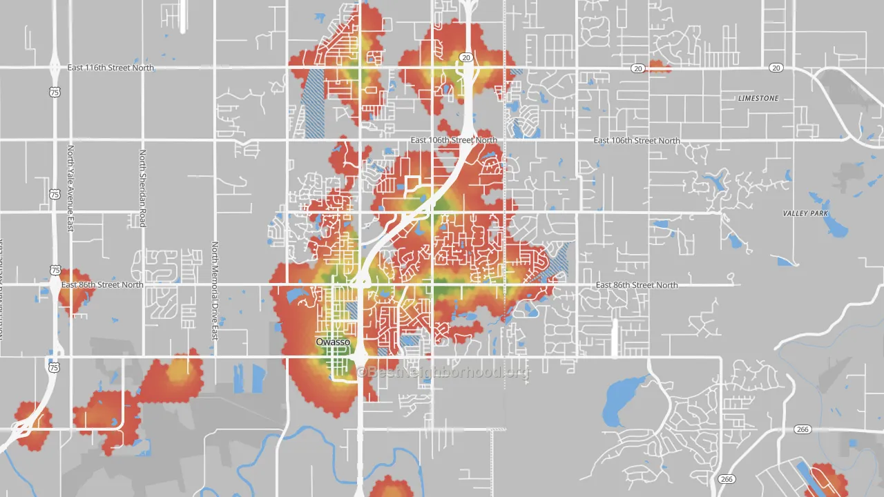 Walk Grade map of 74055, OK, walkable areas in green and car-dependent areas in red