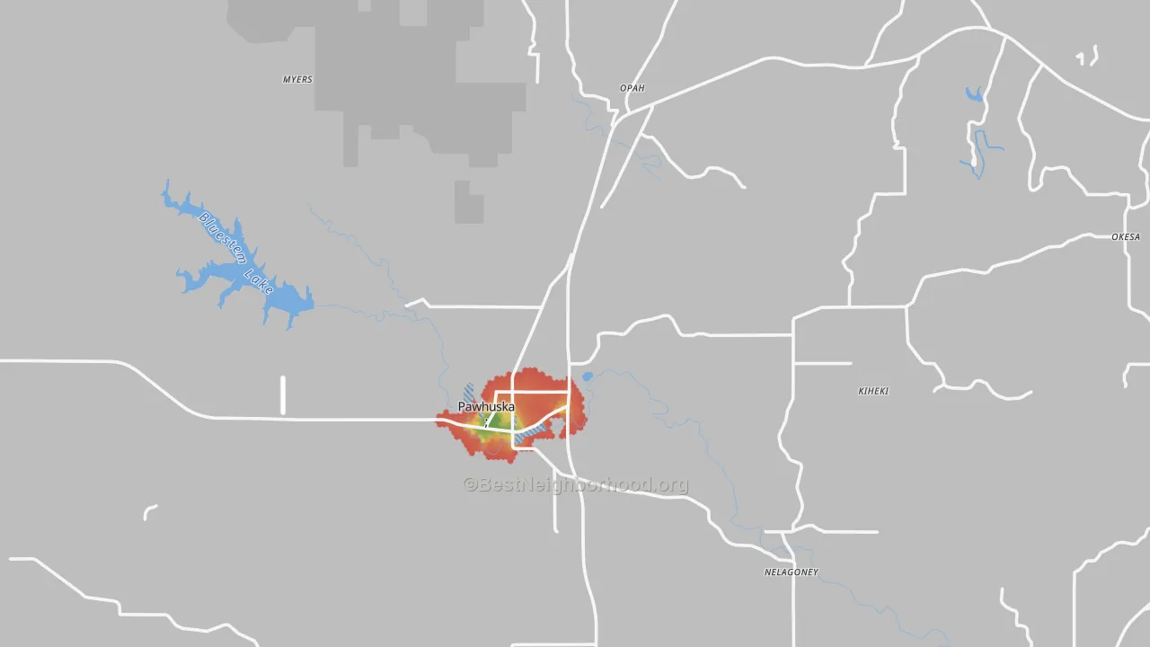 Walk Grade map of 74056, OK, walkable areas in green and car-dependent areas in red