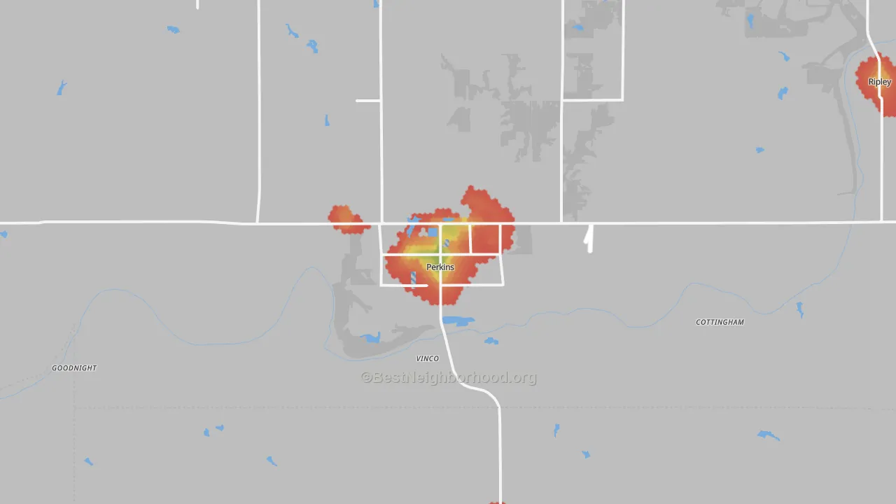 Walk Grade map of 74059, OK, walkable areas in green and car-dependent areas in red
