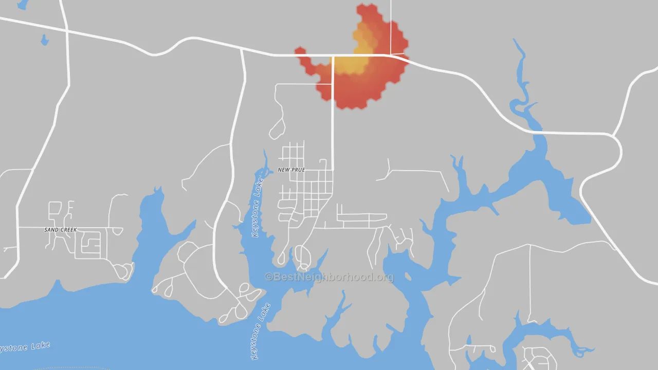 Walk Grade map of 74060, OK, walkable areas in green and car-dependent areas in red