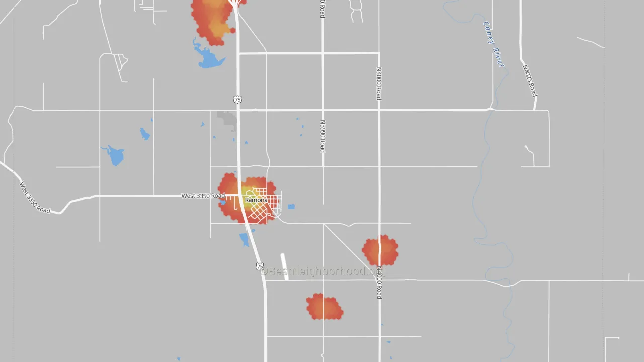 Walk Grade map of 74061, OK, walkable areas in green and car-dependent areas in red