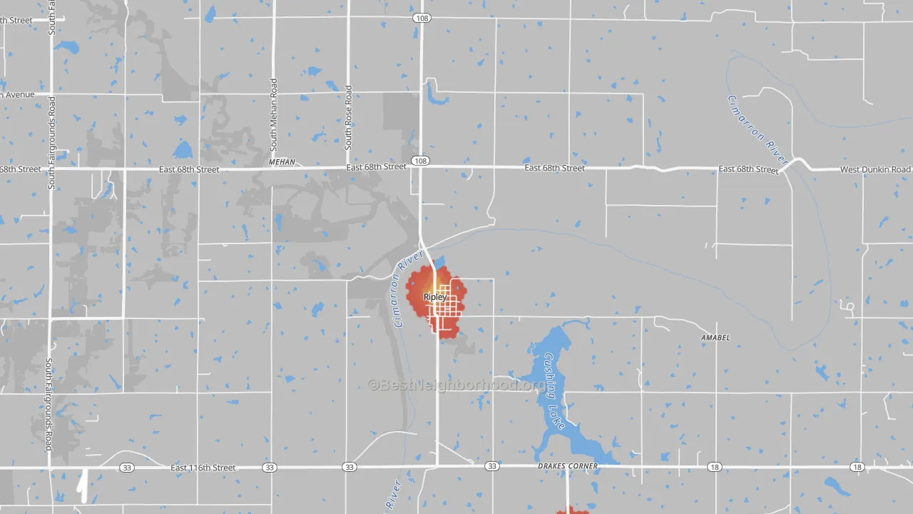 Walk Grade map of 74062, OK, walkable areas in green and car-dependent areas in red