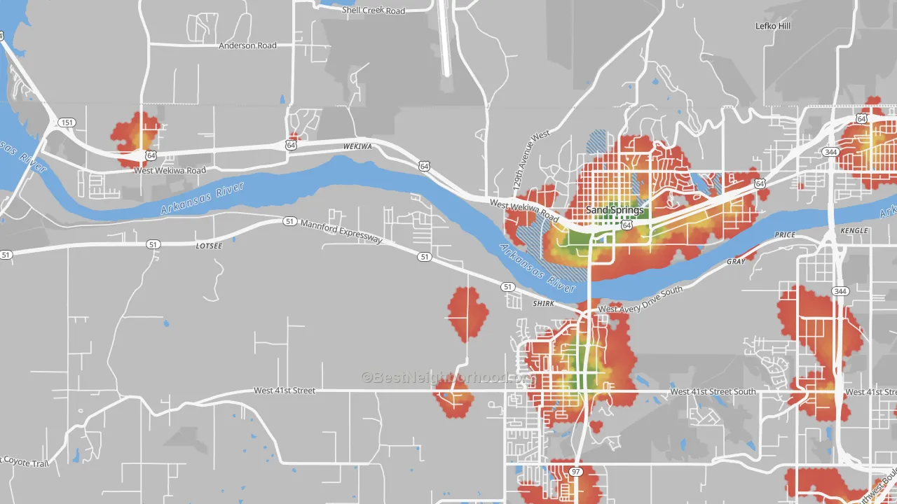 Walk Grade map of 74063, OK, walkable areas in green and car-dependent areas in red