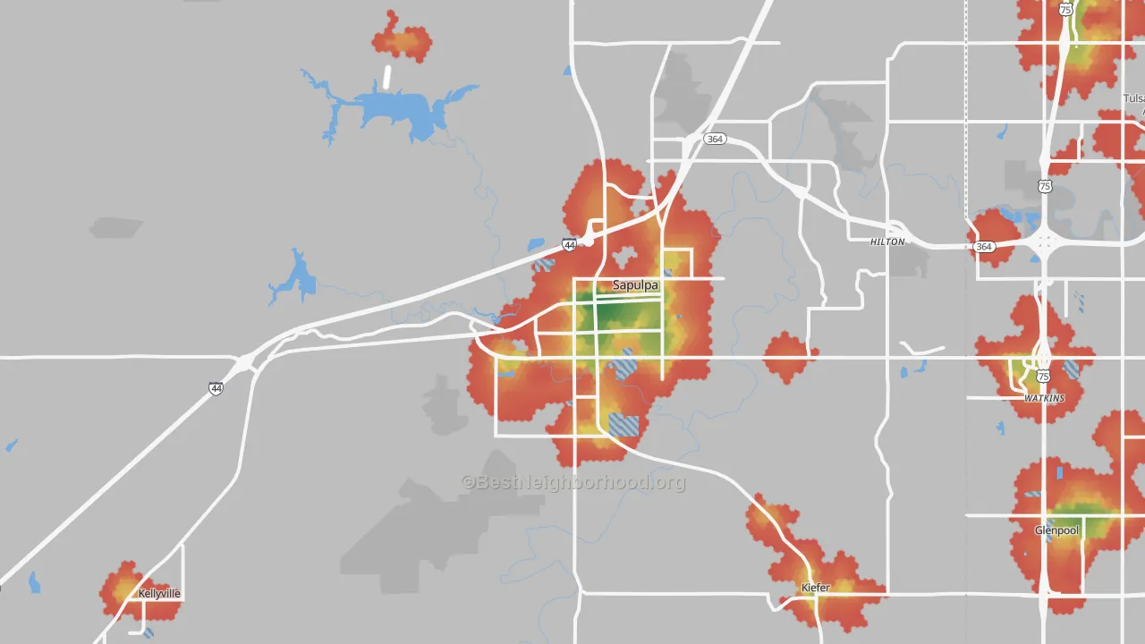 Walk Grade map of 74066, OK, walkable areas in green and car-dependent areas in red