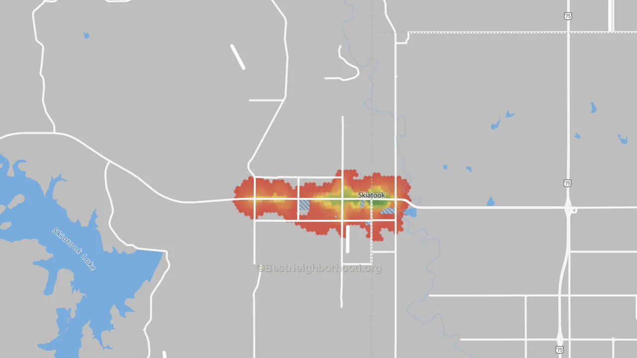 Walk Grade map of 74070, OK, walkable areas in green and car-dependent areas in red
