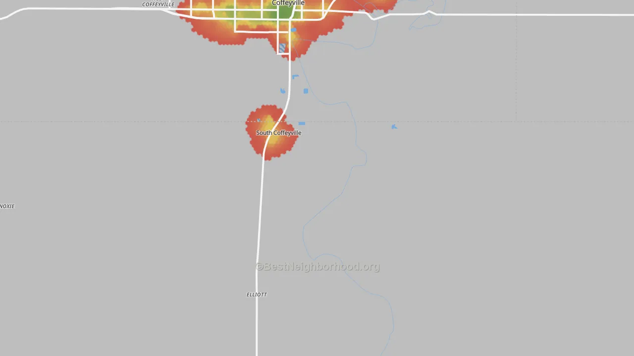 Walk Grade map of 74072, OK, walkable areas in green and car-dependent areas in red