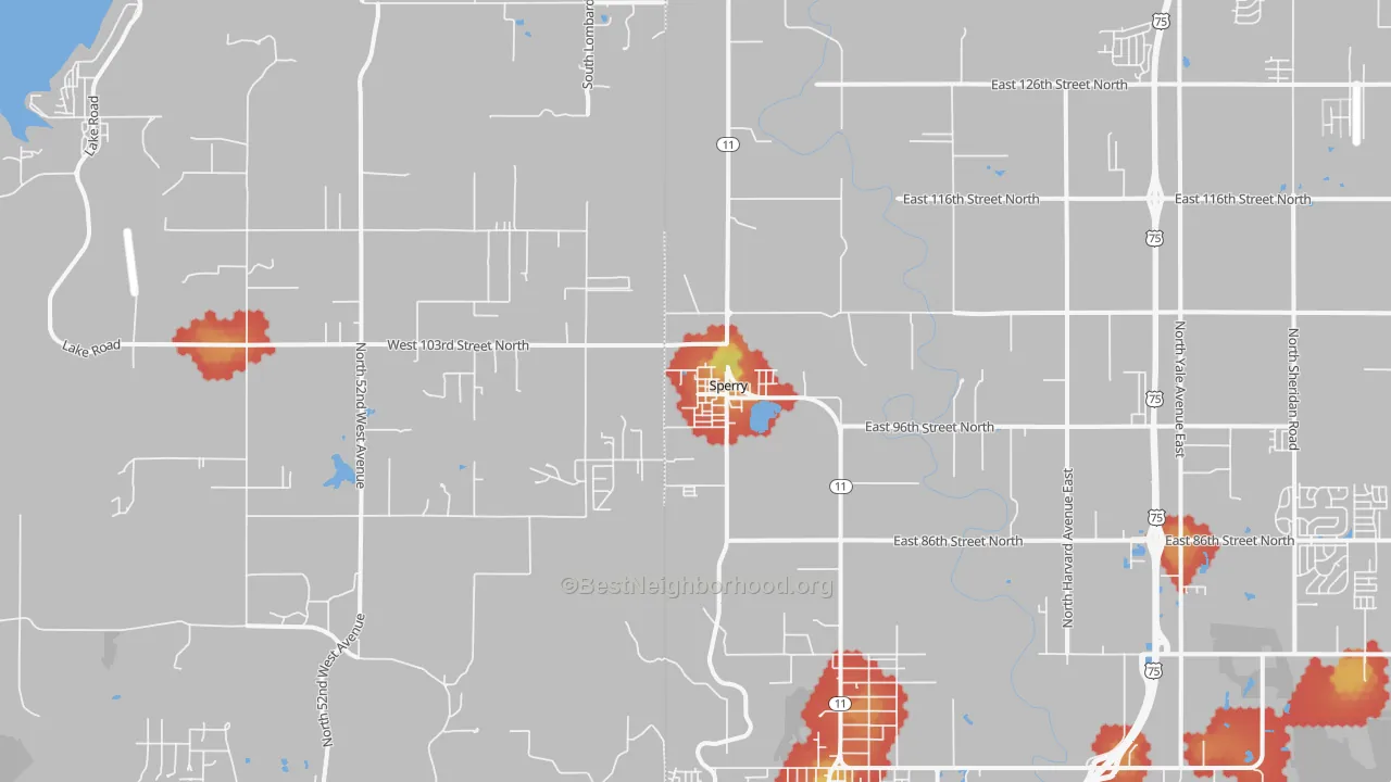 Walk Grade map of 74073, OK, walkable areas in green and car-dependent areas in red