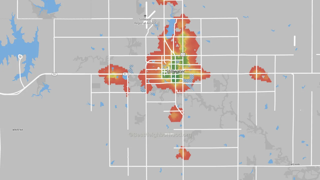 Walk Grade map of 74074, OK, walkable areas in green and car-dependent areas in red