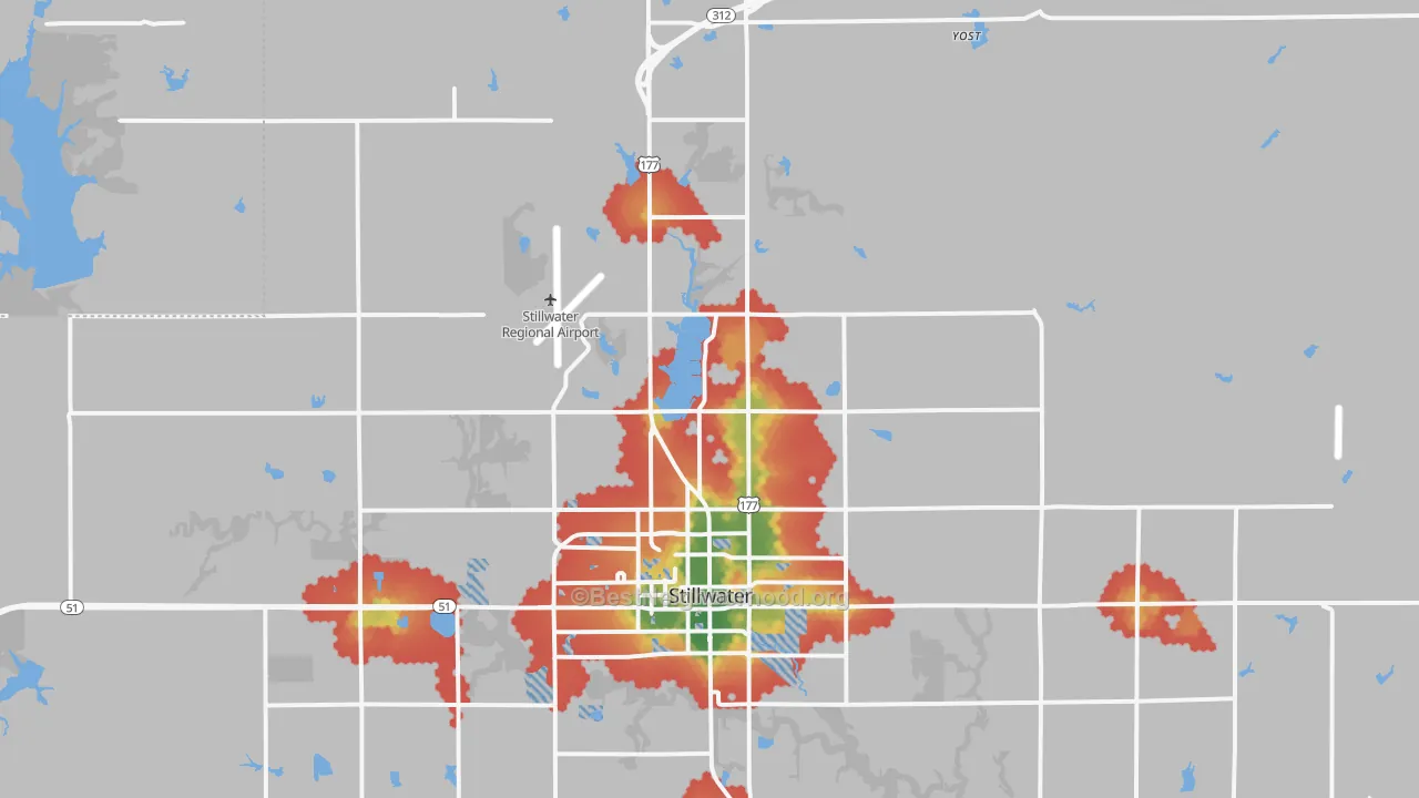 Walk Grade map of 74075, OK, walkable areas in green and car-dependent areas in red