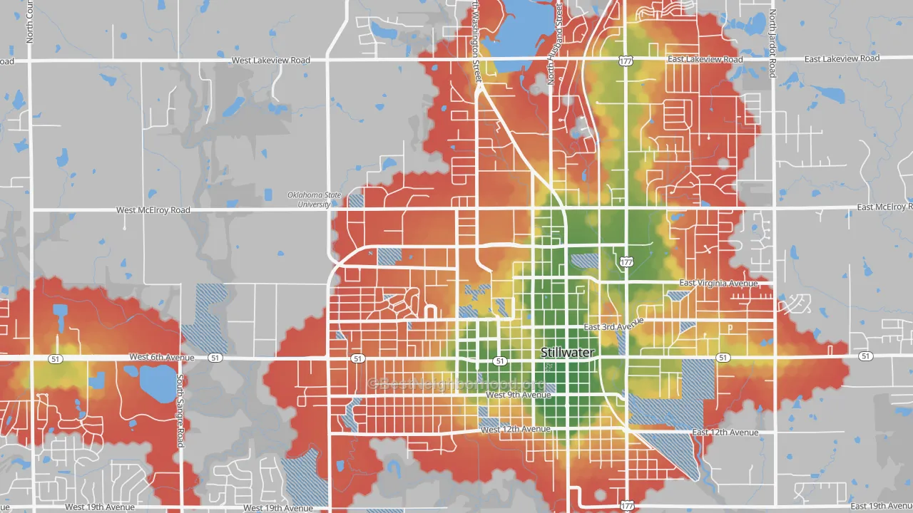 Walk Grade map of 74078, OK, walkable areas in green and car-dependent areas in red